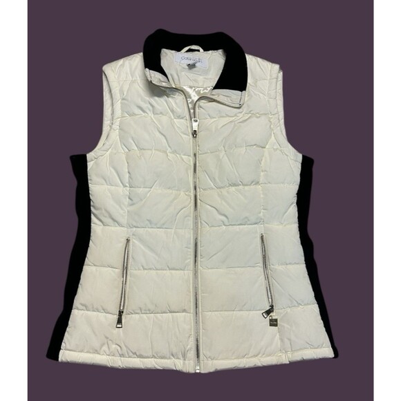 Calvin Klein Puffer Vest Ivory Zip Up Womens M Black Collar - Picture 2 of 12